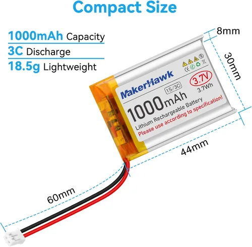 Miniatura 6 de MakerHawk Batería Lipo de 3.7V 1000mAh 803040 Batería recargable de polímero de litio con micro PH1.25 Conector Circuito de protección integrado