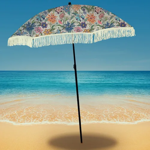 Miniatura 48 de Sombrilla de playa para arena, resistente al viento, con bolsa de anclaje de arena, portátil, flecos, bolsa de mezclilla, cuenta con parte inferior