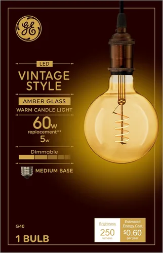 GE Lighting 36538 LED de vidrio ámbar regulable Vintage Style G40 5 (reemplazo de 60 vatios), base mediana de 250 lúmenes Ámbar (Amber Glass)