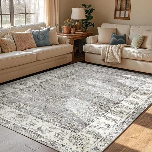 Miniatura 32 de Jinchan Fiora - Alfombra redonda de 8 pies, alfombras vintage con diseño floral envejecido, lavable a máquina, antideslizante, de pelo bajo, Azul