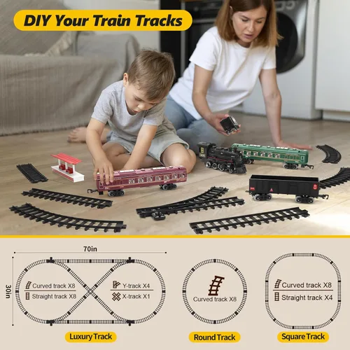 Miniatura 6 de Juego de tren para niños, tren de locomotora de vapor con coche de carbón, vagón de pasajeros, coche de carga y pistas largas, kits de tren