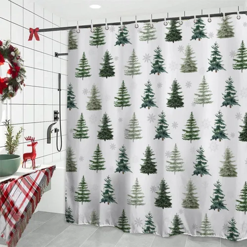 Miniatura 4 de Baccessor - Cortina de ducha de invierno de Navidad, diseño de árbol de pino, cardenal, ciervo, naturaleza, bosque, escena nevada blanca, decoración