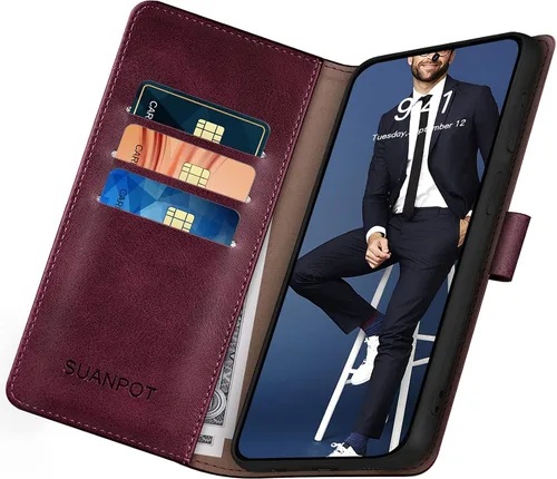 Miniatura 5 de SUANPOT Funda de piel tipo cartera para Samsung S20 FE con bloqueo RFID, tarjetero de crédito, funda tipo libro magnética de PU para teléfono Rojo