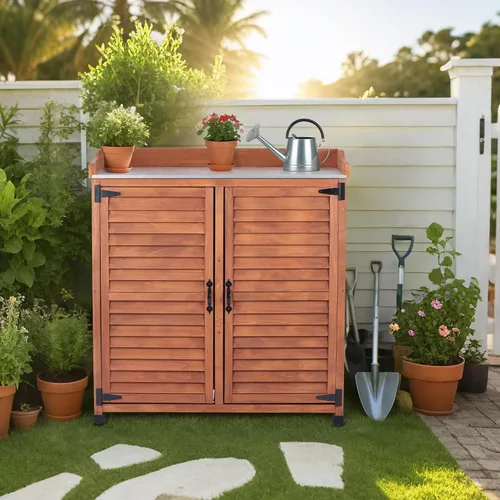 Miniatura 7 de Banco para macetas al aire libre con parte superior de trabajo de metal, gabinete de almacenamiento de jardín impermeable, estación de herramientas