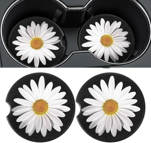4 piezas de posavasos de automóvil con diseño de margaritas para portavasos, universales antideslizantes y absorbentes, lindos posavasos de cerámica