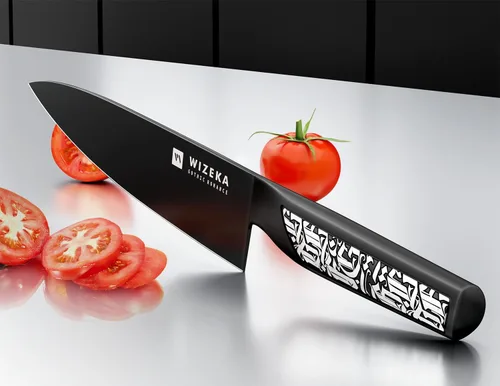 Miniatura 2 de WIZEKA Cuchillo de cocinero: 8 pulgadas: Cuchillo de cocina extremadamente afilado: acero inoxidable de alto carbono de espiga completa: cuchillo