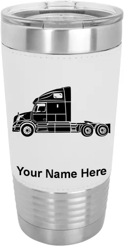 Miniatura 25 de LaserGram Taza aislada al vacío de 20 onzas, cabina de camión, grabado personalizado incluido (piel sintética, negro)