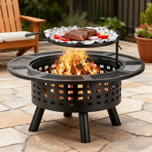 Verdeluxe Hoguera al Aire Libre de 91 cm con Parrilla, Hogueras de Leña para Exteriores con Tapa y Atizador, Mesa de Hoguera 3 en 1 de Metal con