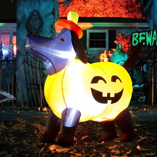 Miniatura 8 de Decoración inflable de calabaza para perro de 4 pies de largo con luces LED, calabaza salchicha de calabaza, decoración inflable para exteriores