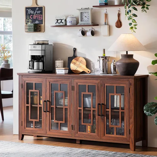 Miniatura 15 de Aparador Grande Buffet con Almacenamiento, 32" Mueble de Cocina Estilo Granja Azul Marino para Café y Vino con 2 Puertas de Vidrio, Mesa Aparador