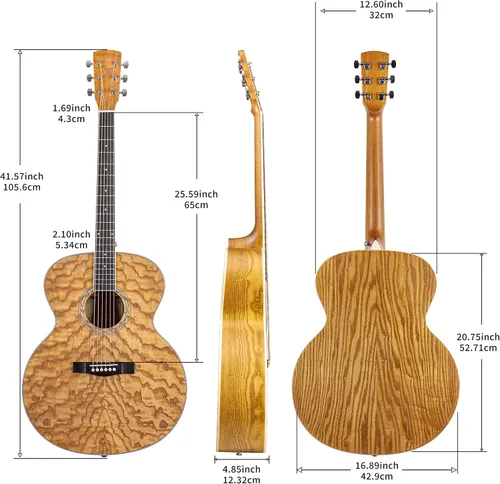 Miniatura 2 de TARIO 41 '' Antiguo Cuerpo Jumbo Guitarra Acústica Cuerpo Fresno Rizado Cuerpo Okoume Cuello Natural