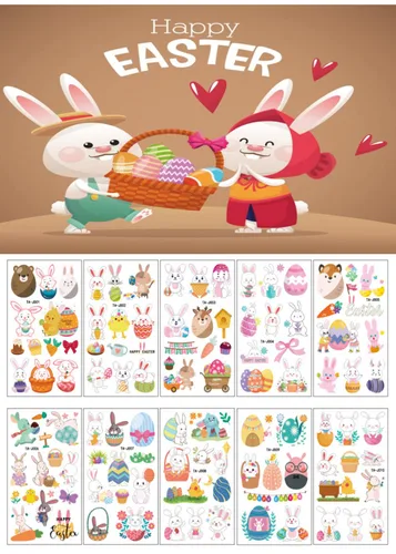 10 hojas (110 unidades) Tatuaje temporal de Pascua para niños, calcomanías de tatuaje de huevos de conejo, manos faciales disponibles, decoraciones