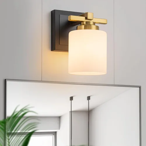 1 Luminaria Moderna de Baño sobre Espejo, Luces de Tocador Negro Dorado para Apliques de Pared de Baño con Pantallas de Vidrio Blanco Lechoso,