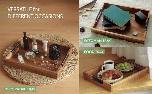 Miniatura 5 de Joy&Grace Bandeja otomana para sala de estar, bandeja grande de madera de acacia con asas para mesa de café, desayuno en la cama, cena de comida