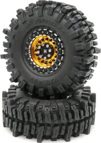 Miniatura 5 de HOBBYSOUL Neumáticos 1.9 de 4.72 pulgadas/4.724 in y ruedas de aluminio 1.9 Beadlock dorado negro para camión oruga 1/10, Axial, SCX10, Traxxas