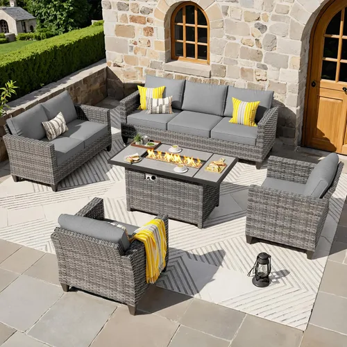 Miniatura 55 de ovios Juego de muebles de patio de 6 piezas, sillas giratorias de mimbre para exteriores con mesa para fogatas de 30 pulgadas, juego de mecedoras