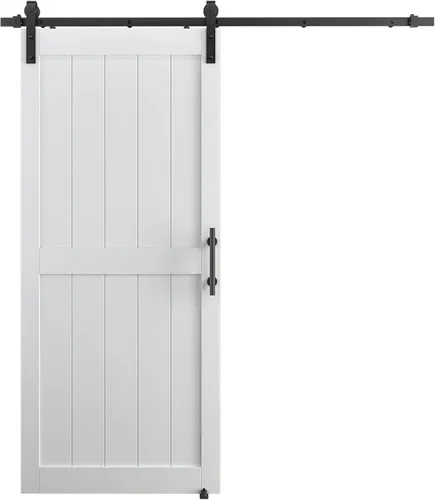 Miniatura 7 de Puerta corredera de granero de 36 x 80 pulgadas con kit de herrajes para puerta de granero de 6.6 pies, mango y guías de suelo, agujeros Blanco