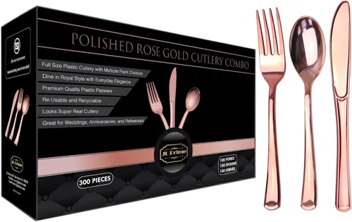Miniatura 9 de Juego de cubiertos de plástico plateado de 300 piezas, cubiertos de plástico reciclable reutilizable, utensilio de plástico plateado, 100 tenedores
