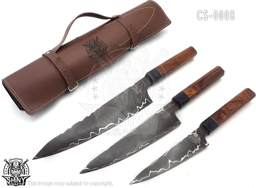 Miniatura 5 de Juego de cuchillos de cocina de acero San Mai hechos a mano personalizados con mango de madera y hoja de acero mezclado, cuchillos de chef con rollo