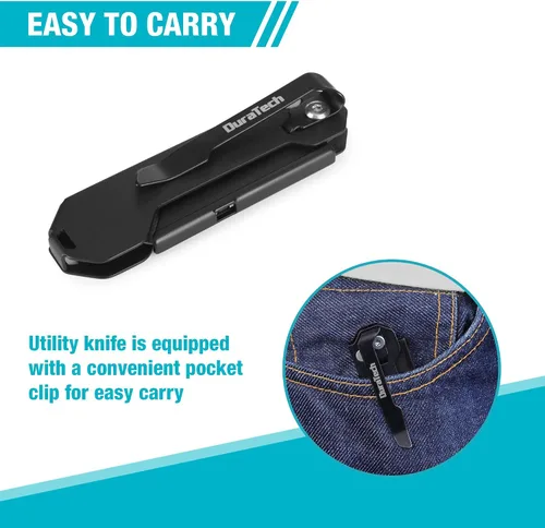Miniatura 5 de DURATECH Paquete de 2 Cuchillos Utilitarios Plegables, Mini Cortador de Cajas con Bloqueo de Eje de Seguridad, Clip para Cinturón, Mecanismo