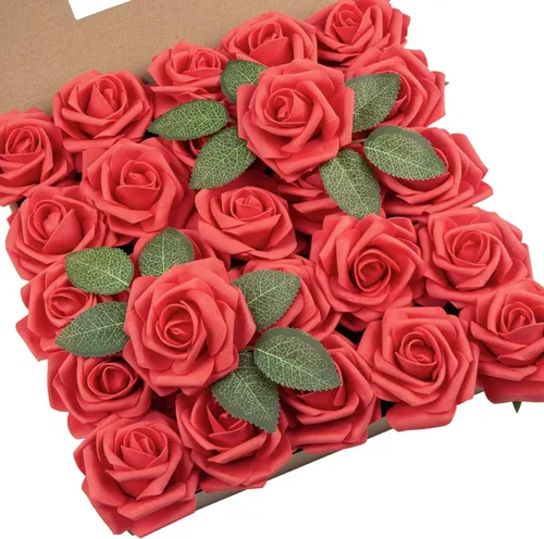 Miniatura 29 de DuHouse 25 rosas artificiales con tallos, flores de espuma de tacto real para bricolaje, ramo de boda, centro de mesa, arreglo floral, fiesta, Verde