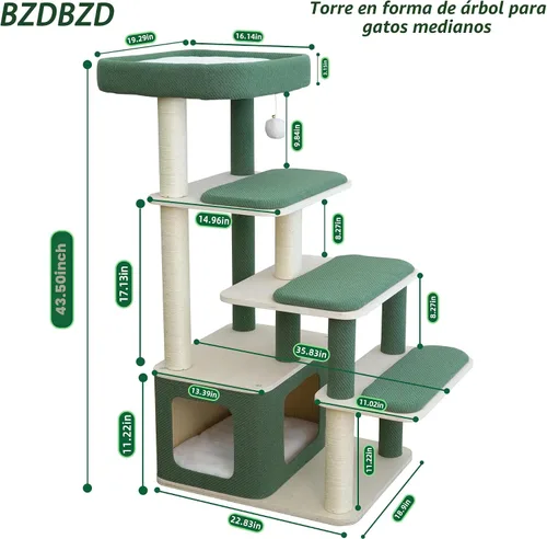 Miniatura 6 de Moderno árbol de madera para gatos grandes – Condominio de madera para gatos de 43.5 pulgadas con postes rascadores de sisal, cojines lavables, gran