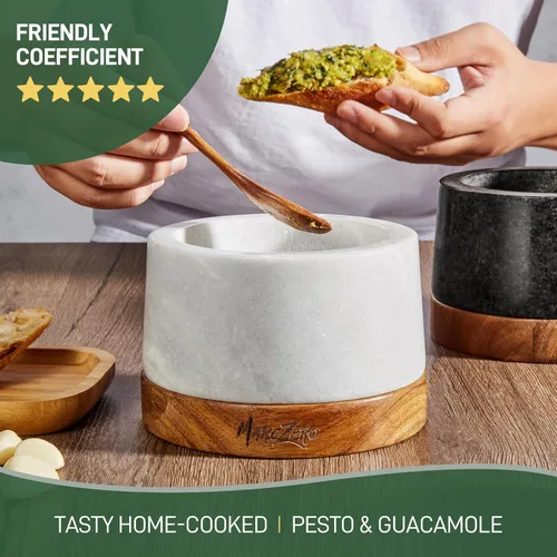 Miniatura 7 de MarcZero Juego de mortero y pilón grande de 15 cm con base de madera antiarañazos, mortero y pilón resistentes hechos de mármol natural (blanco)