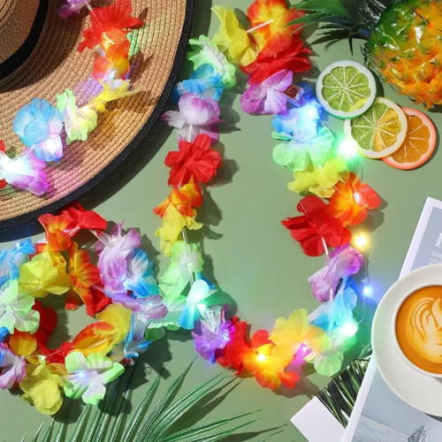 Miniatura 56 de Sherr 24 piezas de collares de flores de leis hawaianas con luces LED para boda, luces LED para leis hawaianas, collares de flores de leis hawaianas