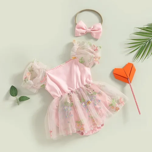 Miniatura 24 de Mameluco para bebés y niñas de 3, 6, 9, 12, 18 meses, enterizo de manga corta, fruncido, faldas y dobladillo, diadema
