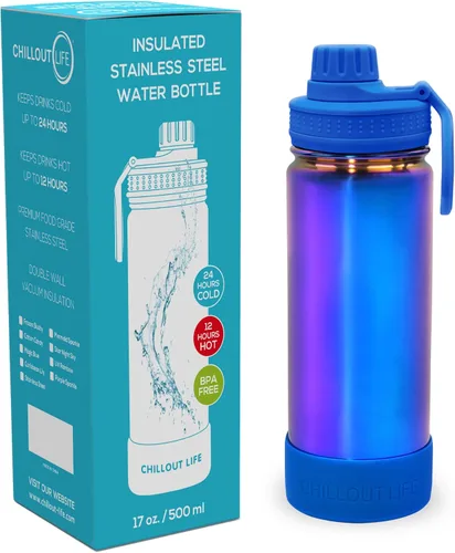 Miniatura 2 de CHILLOUT LIFE Botella de agua aislada para niños de 17 onzas para la escuela con tapa de boquilla a prueba de fugas y bonitas calcomanías Azul