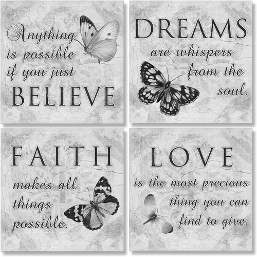 Miniatura 5 de Arte de pared inspirador de mariposas, 4 paneles de impresión en lienzo gris, decoración de pared en lienzo con texto en inglés «Faith Love Dreams