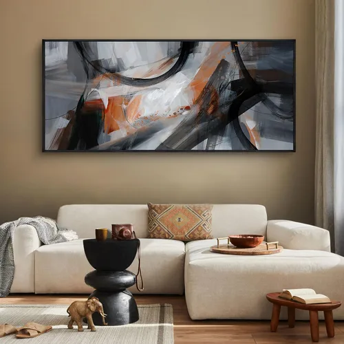 KLAKLA Arte de pared para sala de estar - Lienzo abstracto bohemio negro y naranja enmarcado decoración de pared oficina dormitorio arte moderno