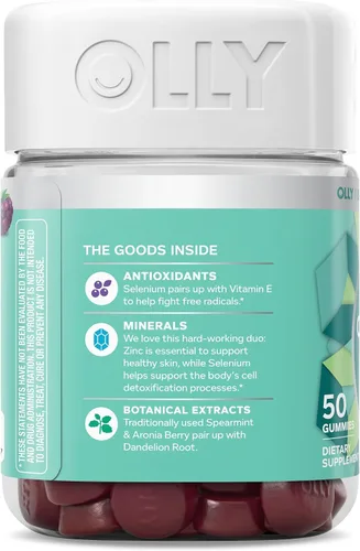 Miniatura 9 de OLLY Gomita de tez impecable, soporte para una piel clara y saludable, vitaminas E, A, zinc, suplemento masticable, sabor bayas, 50 piezas