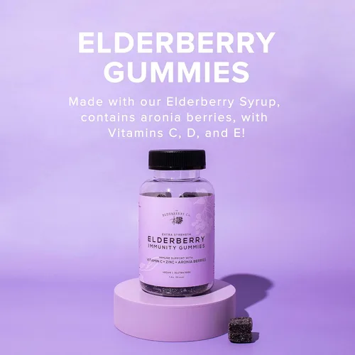 Miniatura 2 de The Elderberry Co. Gomitas de saúco extra fuertes + bayas de aronia con vitaminas C, D, E y zinc para apoyo inmunológico totalmente natural, sin