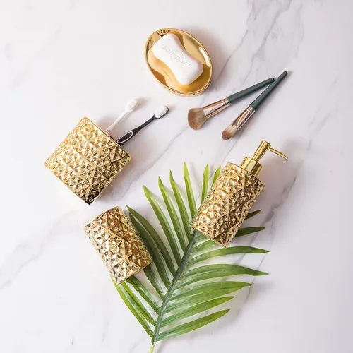 Miniatura 4 de Juego de accesorios de baño dorados de 4 piezas de cerámica para apartamentos, incluye dispensador de jabón, soporte para cepillos de dientes, taza