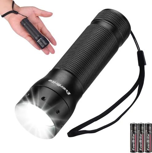 EverBrite Mini Linterna, Luz LED con Zoom, 3 Modos, 3 Pilas AAA Incluidas, Linterna de Mano Pequeña para Camping, Emergencia, Hogar – Negro, Regalos
