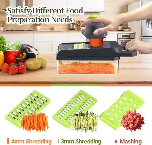 Miniatura 4 de StoreHappily Picador de verduras 12 en 1, picador de verduras de 7 cuchillas con recipiente y tapa, cortador, rebanador, utensilios de cocina Verde