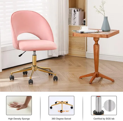 Miniatura 5 de Furnimart Silla de escritorio sin brazos rosa, silla de tocador giratoria de terciopelo con patas doradas, linda silla de tareas con ruedas