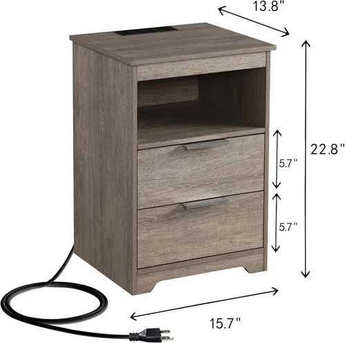 Miniatura 3 de Mesita de noche con estación de carga, mesita de noche con 2 cajones, mesa auxiliar de madera con cajón y estante de apertura, mesa auxiliar