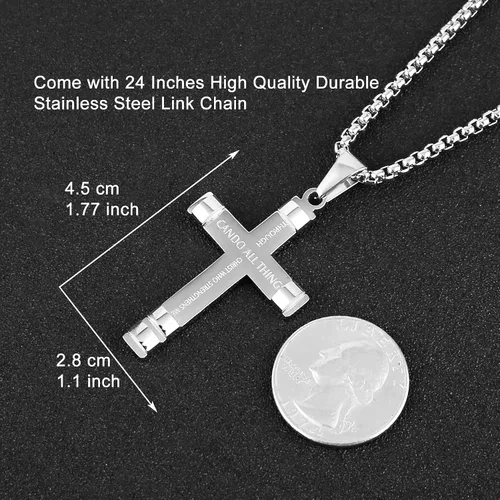 Miniatura 3 de HZMAN - Collar de acero inoxidable con colgante de cruz de fuerza 3 colores disponibles texto bíblico en inglés Filipenses 413