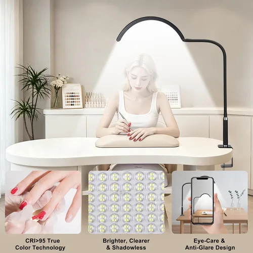 Miniatura 2 de Luz de media luna para escritorio de uñas, lámpara de manicura LED profesional sin sombras con abrazadera, 3 modos de color y 10 niveles de brillo