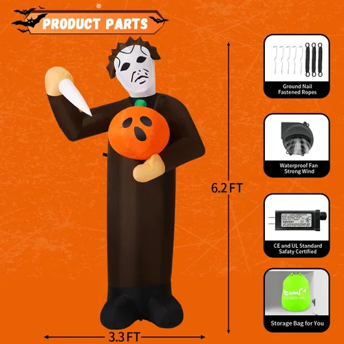 Miniatura 6 de COMIN Asesino de calabazas inflable de Halloween de 6 pies con LED incorporados, decoración de patio para fiestas de vacaciones en interiores