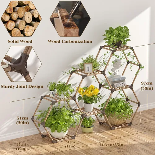 Miniatura 5 de Tikea Soporte para plantas para interiores y exteriores, soporte hexagonal para múltiples plantas, estante grande de madera para plantas, 7 niveles