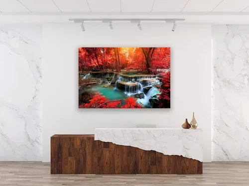 Miniatura 7 de Muolunna BK03969 - Lienzo decorativo para pared, diseño de cascadas de bosque rojo, 1 pieza, árbol de paisaje moderno para sala de estar