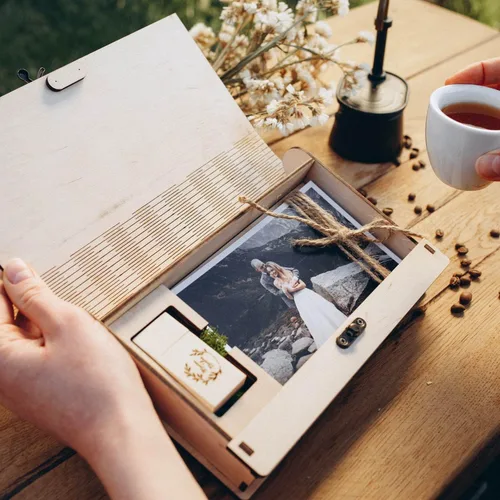 Miniatura 2 de Caja de fotos de boda para impresiones, caja de memoria de madera para fotos y unidad flash USB 3.0 (opcional), caja de regalo personalizada