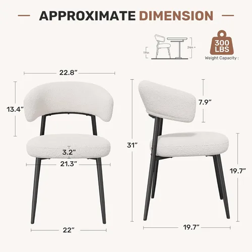 Miniatura 2 de Juego de 2 sillas de comedor, sillas de cocina modernas de mediados de siglo, silla de comedor tapizada Boucle con respaldo curvado y patas de metal