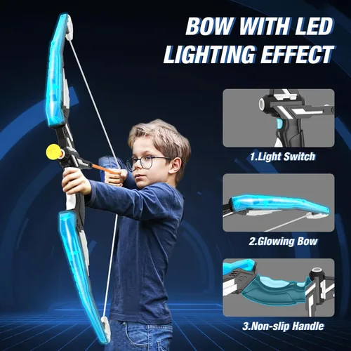 Miniatura 3 de HYES Arco y flecha para niños, juego de tiro con arco con luz LED con 12 flechas de ventosa, 1 blanco de pie, 3 blancos de puntuación y 1 carcaj