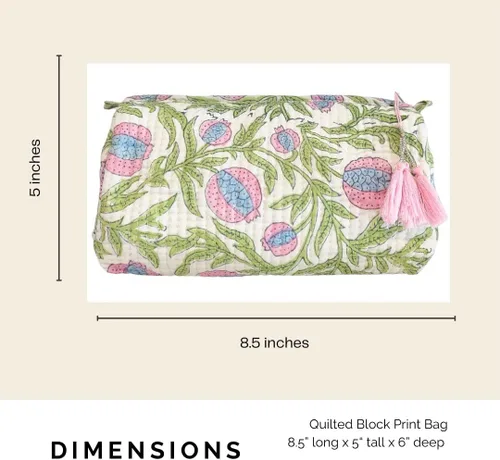 Miniatura 4 de Bolsa de maquillaje hecha a mano con estampado de bloques y bolsa de aseo – Estuche de viaje cosmético artesanal de algodón hecho a mano, Granada