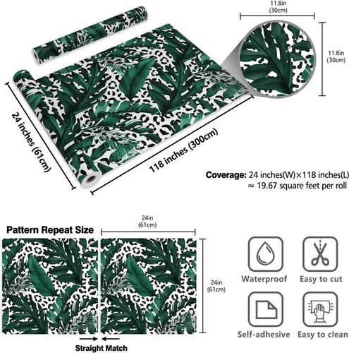 Miniatura 8 de CRE8TIVE 24"x118" Papel pintado de hoja de plátano Monstera para despegar y pegar Papel pintado de leopardo blanco y negro extraíble Papel