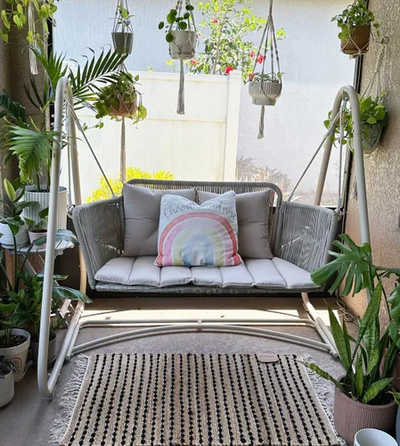 Miniatura 2 de PURPLE LEAF Silla Columpio Nube de 2 Asientos con Soporte Banco Deslizante Loveseat de Mimbre para Patio Colgante Balanceante para Interior Exterior